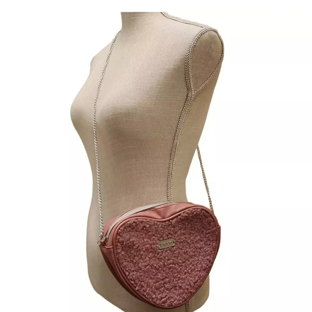 Bebe Pink Heart Crossbody Bag with Plush Texture - Picture 3 of 13